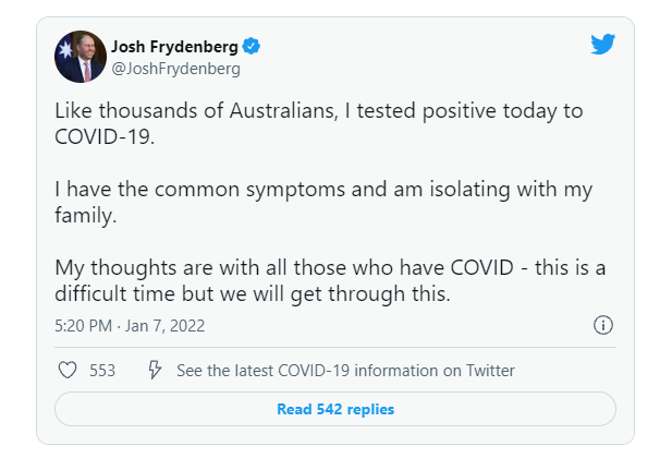 澳洲財相Josh Frydenberg與妻子感染新冠病毒!