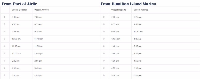 艾爾利海灘(Airlie Beach)往返漢密爾頓島(Hamilton Island)碼頭時刻表