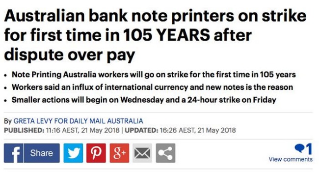 105年来澳洲银行印钞工人首次罢工!